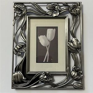 Pewter Art Nouveau Style Metal Photo Picture Frame Tulips Floral Design 5 x 3.5